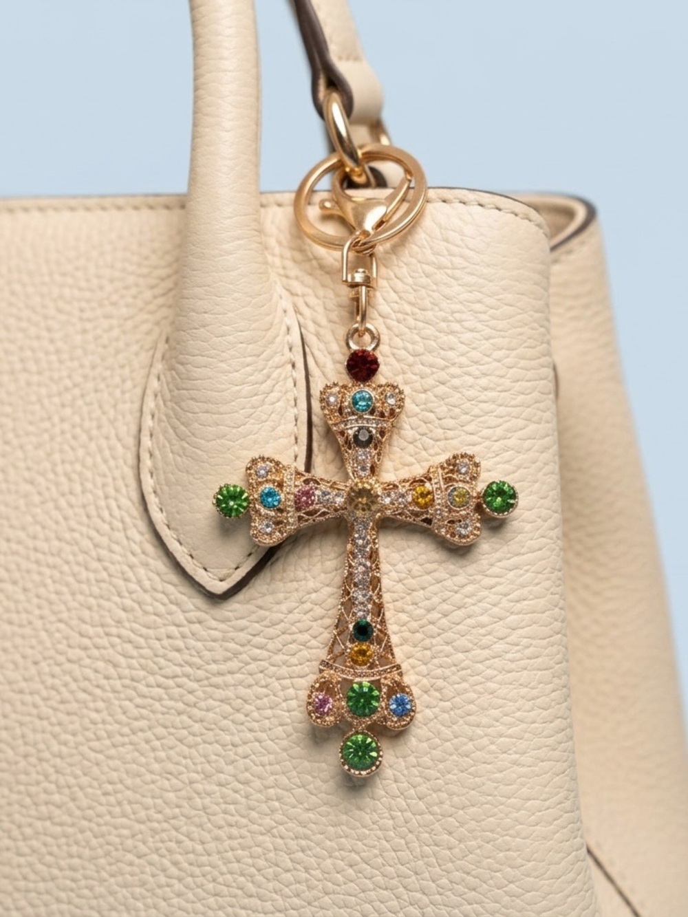 Multicolor Rhinestone Cross Keychain or Bag Charm- Gold Tone - Picture 3 of 4